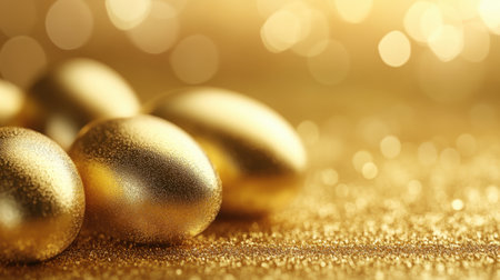 A collection of luxurious golden eggs resting on a sparkling surface, adorned with festive bokeh effects, perfect for seasonal festivities or elegant celebrations.の素材