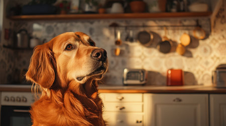 A lovely golden retriever sits in a sunlit kitchen, creating a warm and inviting atmosphere filled with domestic charm and homely decoration.の素材