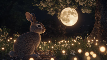 A charming rabbit sits peacefully under a glowing full moon surrounded by delicate flowers, embodying the serene and enchanting beauty of nature at night.の素材