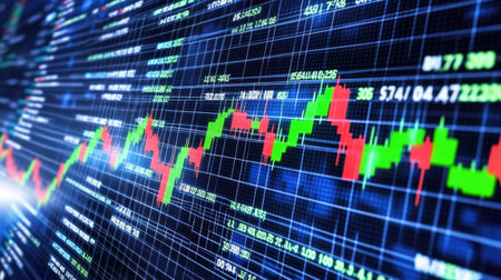Engaging stock market graphic showcasing dynamic trends in finance, highlighting candlestick patterns and analytical data reflecting investment opportunities and strategies.の素材