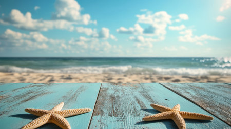 Enjoy a picturesque coastal scene featuring two starfish resting on weathered wood, against a backdrop of gentle waves and a vibrant blue sky. Perfect for vacation themes.の素材