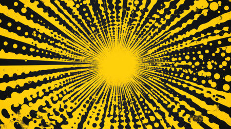 Bright yellow burst design with radiating lines and dots on a black background, ideal for creative projects, modern art, and eye-catching visuals. Perfect for various artistic applications.の素材