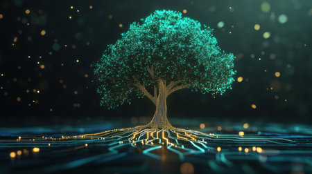 A stunning digital artwork featuring a tree emerging from circuit lines, symbolizing the synergy between technology and nature, highlighting innovation and sustainability in a modern landscape.の素材