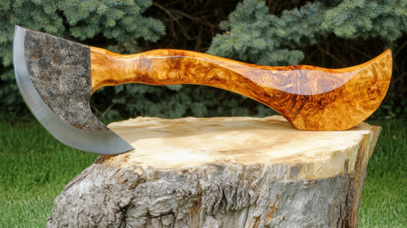 A stunning handmade axe featuring a beautifully grained wooden handle and a distinctive blade. Ideal for outdoor activities, craftsmanship appreciation, or as a decorative piece.の素材