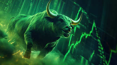 A powerful and dynamic bull represents financial growth in this vibrant image, capturing the essence of stock market investment opportunities and thriving business dynamics.の素材