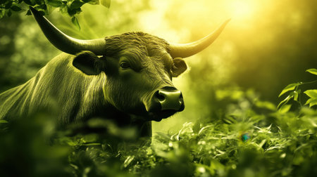 A striking bull stands out in a lush green environment, with sunlight filtering through the leaves, showcasing the beauty and tranquility of wildlife in a serene forest.の素材