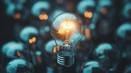 A stunning visual display of a glowing light bulb surrounded by many dim bulbs, representing creativity and innovation amid darkness in an abstract composition.の素材