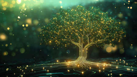A captivating digital illustration of a tree intertwined with glowing circuit patterns, symbolizing the harmony between technology and nature in a serene and vibrant setting.の素材