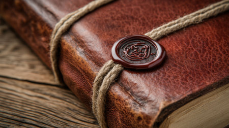 Captivating close-up of an antique leather book, featuring a distinctive wax seal and twine. Ideal for historical themes and vintage-inspired creatives.の素材