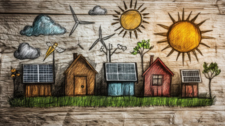 This artistic illustration showcases eco-friendly homes featuring solar panels and wind turbines, emphasizing sustainable living and the importance of renewable energy sources.の素材