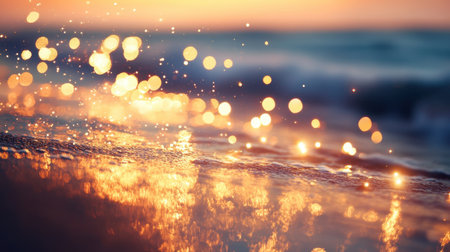 A stunning sunset casts a warm glow on ocean waves, creating beautiful bokeh effects. The serene coastal scene invites calm and reflection, perfect for relaxation.の素材