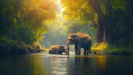 Elephants gracefully interact in a tranquil river, surrounded by vibrant green foliage, capturing the essence of wildlife and nature's beauty during a golden hour.の素材
