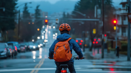 A young cyclist in a helmet and backpack waits at a traffic light, surrounded by a rainy, urban atmosphere, capturing the essence of adventure in city commuting.の素材