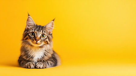 A delightful Maine Coon cat rests on a vibrant yellow surface, showcasing its unique features and playful demeanor, perfect for pet-related themes and content.の素材