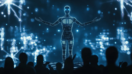 A mesmerizing holographic robot showcases digital art at a cutting-edge event, captivating the audience with its futuristic design and vibrant light effects.の素材