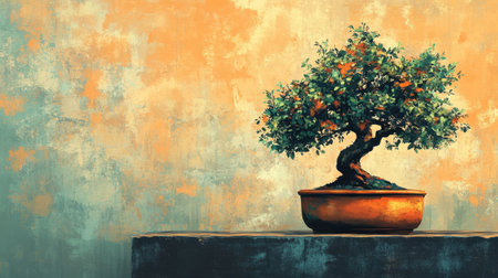 Captivating bonsai tree in a sleek pot against a vibrant orange background. This artwork captures the essence of tranquility and natural beauty, perfect for home decor and artistic spaces.の素材