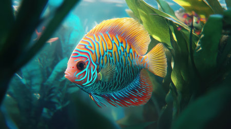 A stunning image of a colorful fish gracefully navigating through vibrant underwater plants, showcasing the wonders of marine life in its natural habitat.の素材