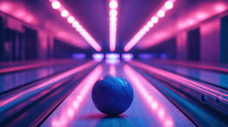 A captivating bowling alley image showcasing a single bowling ball resting on a shiny lane, surrounded by vibrant neon lights creating an energetic atmosphere perfect for fun and competition.の素材