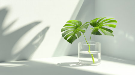 A serene arrangement showcasing vibrant monstera leaves in a clear glass vase, elegantly highlighting modern design and natural beauty in a tranquil indoor space.の素材