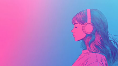 A stunning digital illustration featuring a young woman in profile, wearing headphones and lost in music, set against a soft gradient of pink and blue colors.の素材