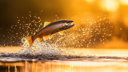 A breathtaking image of a rainbow trout jumping out of sparkling water, illuminated by the warm glow of a sunset, showcasing the beauty of nature and aquatic life.の素材