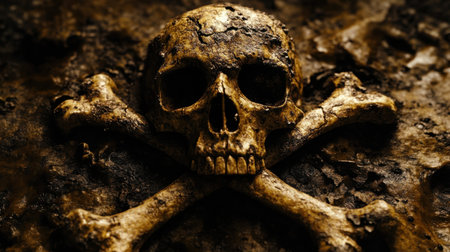 A striking image of a golden skull and crossbones set against a dark, grunge background, ideal for themes related to Halloween, piracy, or gothic art.の素材