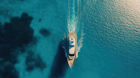 Stunning aerial shot of a luxury yacht gliding smoothly through turquoise waters, perfect for travel and adventure themes, capturing the essence of summer relaxation and exploration.の素材