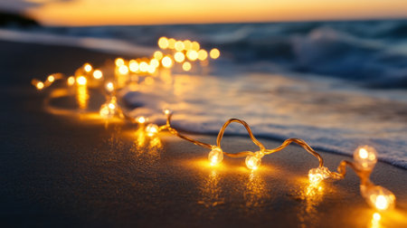 Delicate string lights softly illuminate the beach at sunset, creating a serene atmosphere. Perfect for themes of relaxation, romance, and coastal beauty.の素材