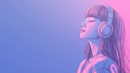 A stunning digital illustration of a young woman with headphones, embodying tranquility and enjoyment of music against a gradient background of purple and pink hues.の素材
