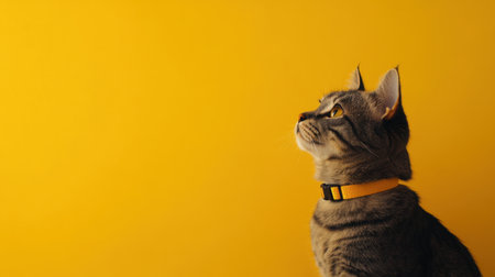 A charming grey cat adorned with a yellow collar is gazing upward, set against a bold yellow background. This image beautifully captures the essence of feline curiosity and playfulness.の素材