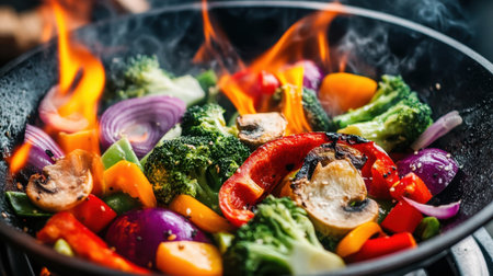 A vibrant scene of mixed vegetables sizzling in a pan over flames, illustrating healthy cooking methods and the art of preparing delicious, nutritious meals at home.の素材