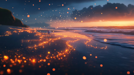 A captivating beach scene at dusk, where glowing ember lights sprinkle across gentle waves, complemented by captivating clouds and a colorful twilight sky for a serene atmosphere.の素材
