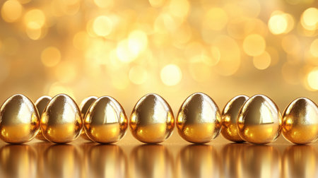 A row of gleaming gold eggs creates a luxurious feel against a soft golden bokeh background, ideal for use in celebrations, Easter themes, or representing wealth and abundance.の素材