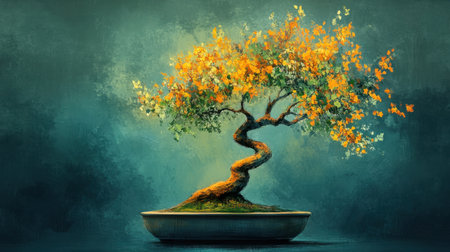 A beautiful bonsai tree features vibrant yellow and orange leaves, creating a serene and artistic display against a calming dark blue background. Ideal for nature lovers.の素材