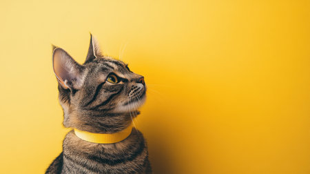 This captivating image features a tabby cat with a colorful collar sitting gracefully against a vivid yellow background, exuding curiosity and charm.の素材