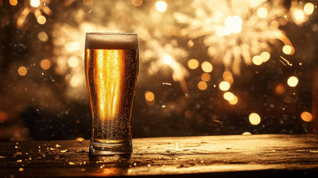 A chilled glass of beer sits on a rustic wooden table, shimmering under bright fireworks, capturing the essence of joy and festive moments in gatherings.の素材