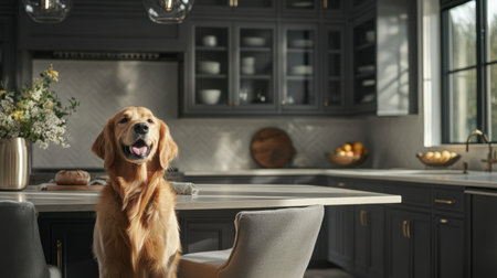 A cheerful golden retriever sits happily in a stylish kitchen, illuminated by natural light, combining modern decor and a welcoming atmosphere ideal for pet lovers.の素材