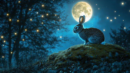 A captivating scene featuring a rabbit gazing at a luminous full moon surrounded by twinkling stars, encapsulating the enchanting beauty of a tranquil night in nature.の素材