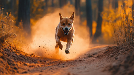 A lively dog dashes along a dusty trail in a beautiful forest, surrounded by warm autumn colors, embodying joy and freedom in this dynamic outdoor scene.の素材