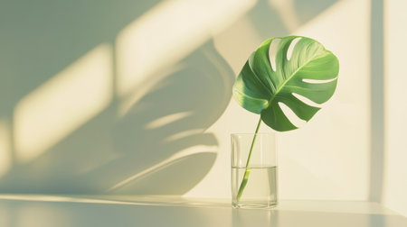 A fresh monstera leaf stands in a glass of water, beautifully illuminated by soft natural light, creating a serene and minimalist atmosphere perfect for home dの素材