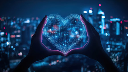A captivating image of hands cradling a luminous digital heart symbol, set against a stunning nighttime city backdrop, embodying the fusion of technology and human emotion.の素材