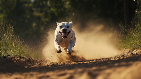A lively white dog sprints along a dusty trail, showcasing pure joy in motion. Captured in golden light, this image reflects the spirit of freedom and adventure.の素材