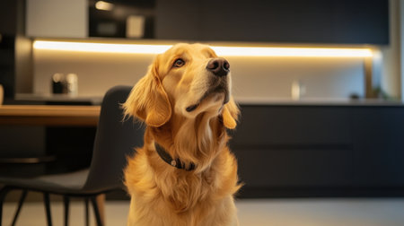 A charming golden retriever sits gracefully in a modern kitchen, showcasing a joyful and focused expression, surrounded by elegant design elements and warm lighting.の素材