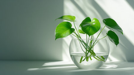A serene composition featuring green plant leaves in a clear vase filled with water, showcasing the beauty of nature with soft light and a minimalist backdrop, perfect for decor inspiration.の素材