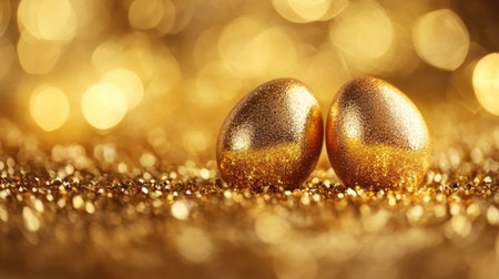 This enchanting image features two gold eggs on a stunning shimmering surface, enhanced by beautiful bokeh lights that evoke feelings of luxury and celebration.の素材