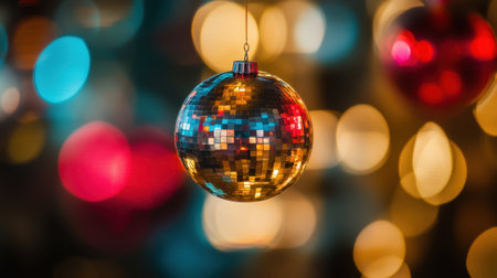 A dazzling disco ball suspended gracefully, radiating vibrant reflections amidst a soft bokeh backdrop, ideal for evoking festive spirit and celebratory vibes.の素材