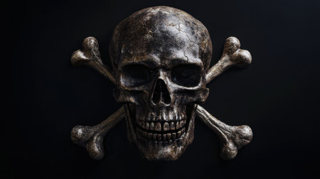 A striking depiction of a realistic skull and crossbones against a dark background, ideal for use in horror-themed art, Halloween designs, or gothic projects.の素材
