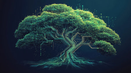An artistic representation of a tree integrating digital elements, showcasing the harmony between technology and nature. Ideal for themes of sustainability and innovation.の素材