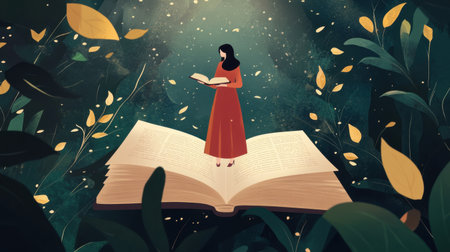 A visually stunning illustration depicting a woman reading a book in a serene, magical environment filled with light and vibrant foliage, symbolizing education and imagination.の素材