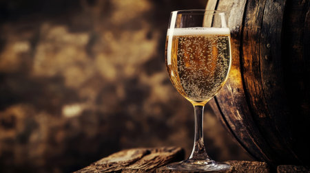 A captivating image featuring a sparkling beverage in an elegant glass, placed beside a rustic wooden barrel, perfect for highlighting celebratory moments and festive occasions.の素材